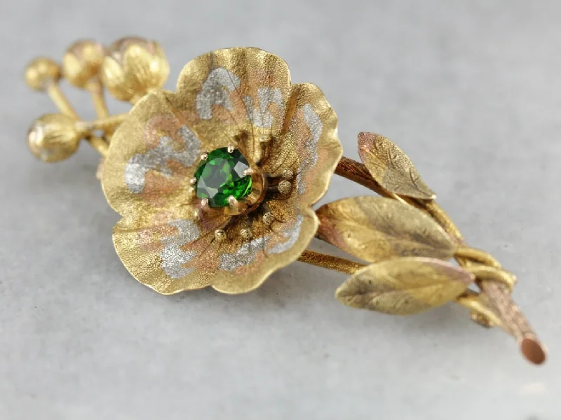 Flush clasp brooches-Demantoid Garnet Floral Gold Brooch