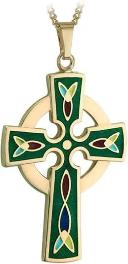 Raw wood necklaces-Gold Plated Irish Celtic Cross Pendant Necklace for Women (18" Inch Chain) - Traditional Green Inlay