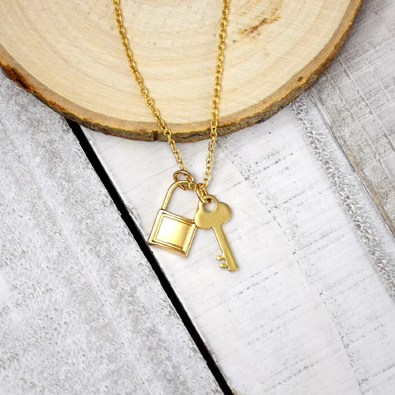 Box clasp necklaces-Dainty Lock & Key Necklace - Gold Finish Charm Necklace