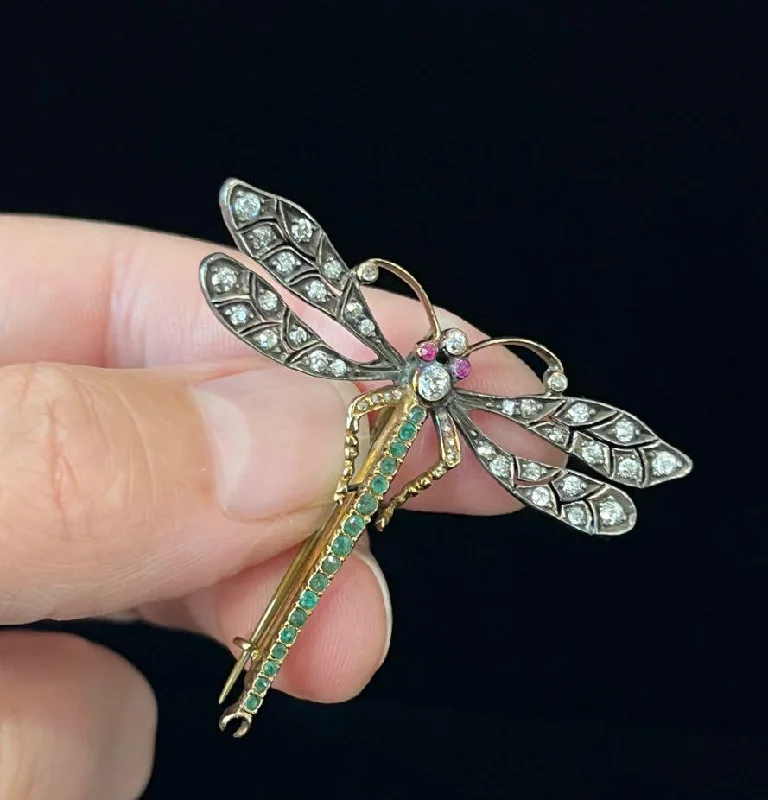 Embroidered brooches-Edwardian Diamond, Ruby and Emerald Dragonfly Brooch