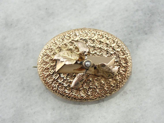 Organic form brooches-Victorian Acorn and Leaves Brooch with Seed Pearl Detail