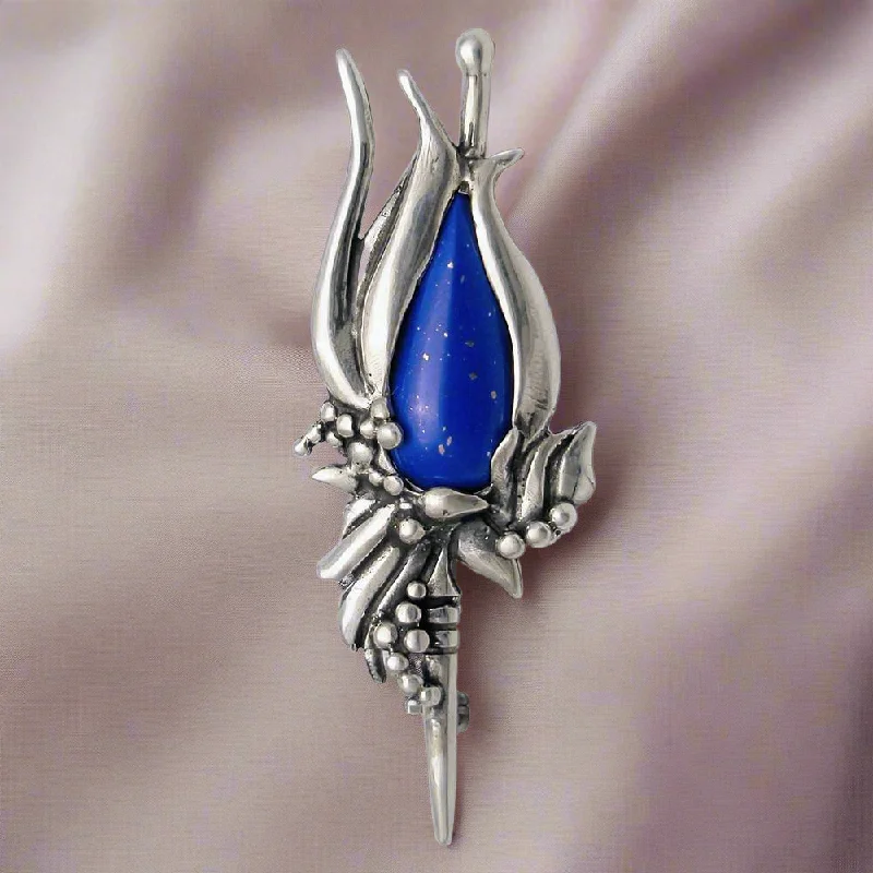 Fringe tassel brooches-Greek Traditional Flower Brooch in Sterling silver with Lapis Lazuli (K-23)