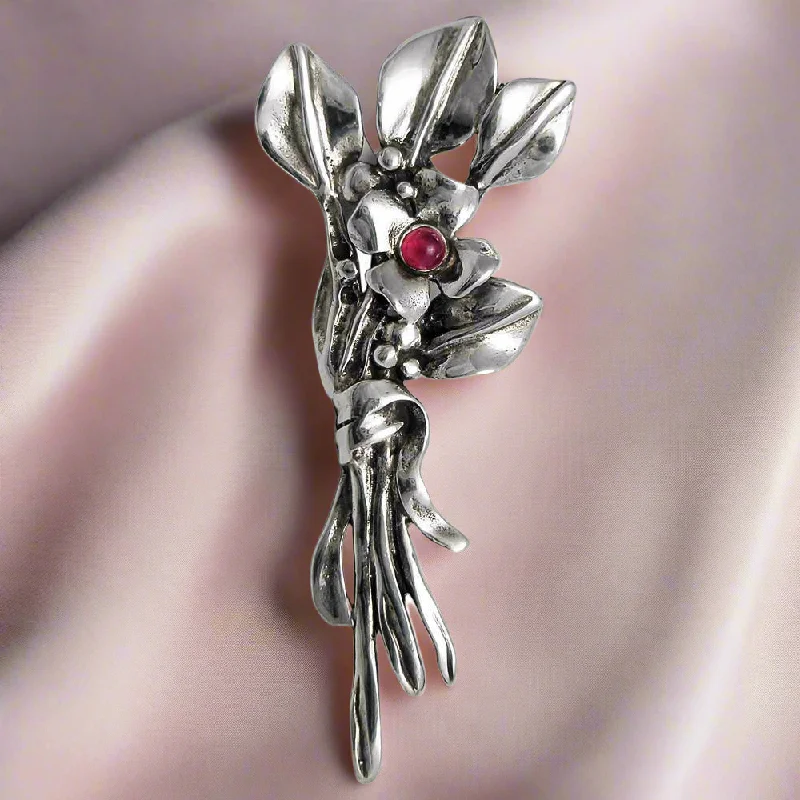 Stone cluster brooches-Greek Traditional Flower Brooch in Sterling silver with zircon (K-24)