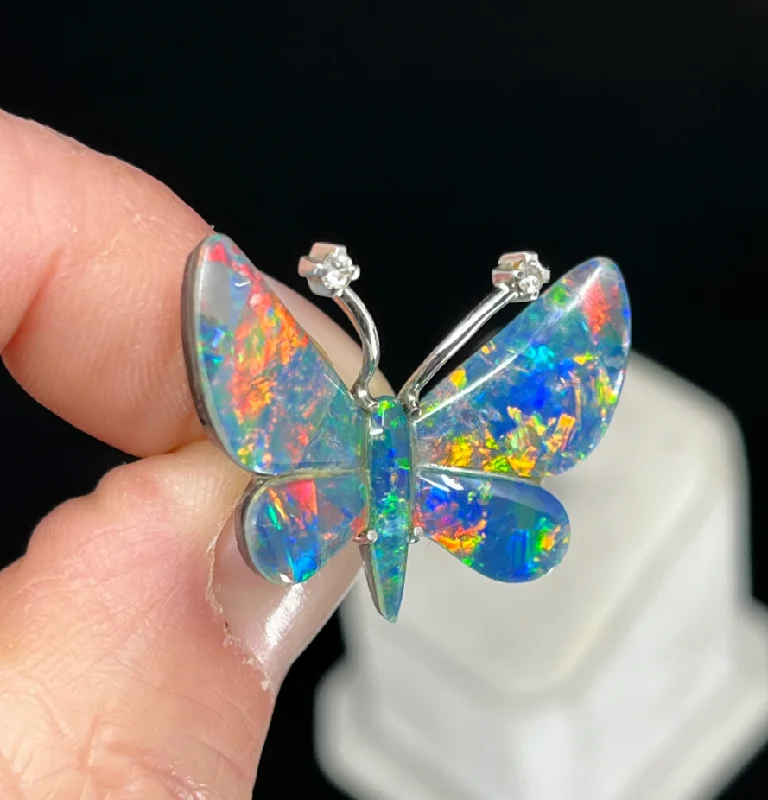 Sharp minimalist brooches-Opal Triplet and Diamond Butterfly Brooch