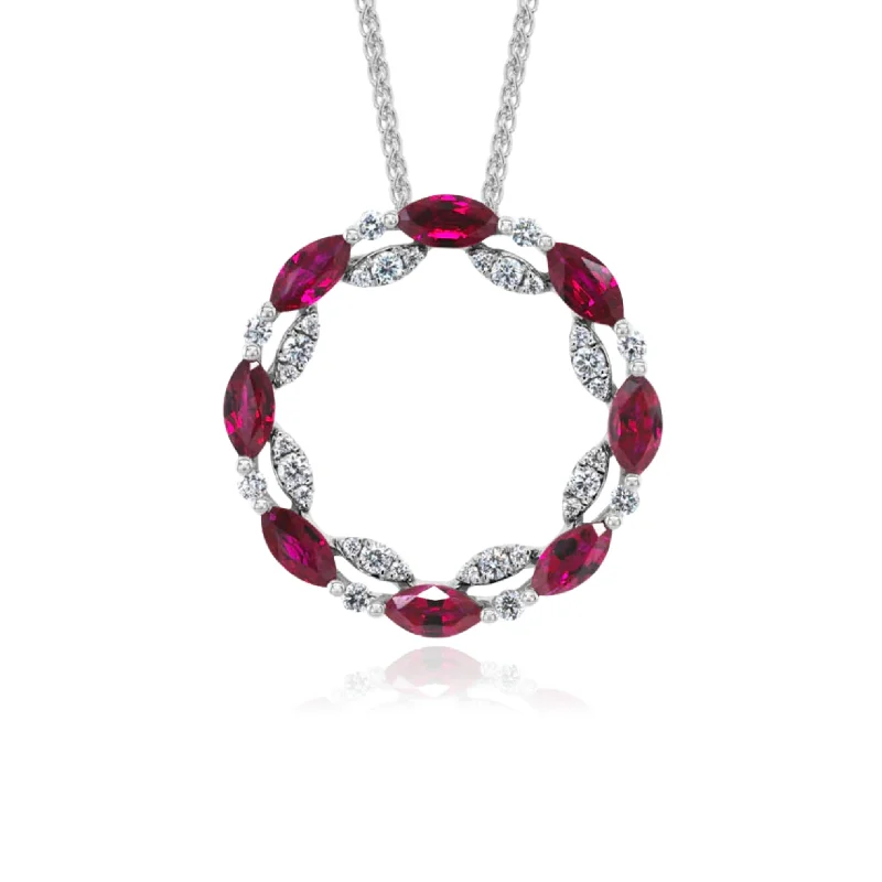 Futuristic necklaces-14K WHITE GOLD OPEN CIRCLE MARQUISE CUT RUBY AND ROUND DIAMOND PENDANT NECKLACE