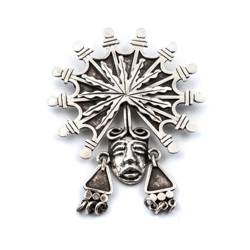 Lavish stone brooches-Silver Mayan Chief Brooch