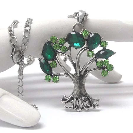 Star sign necklaces-Springtime Tree with Green Crystal Leaves Pendant Adjustable Silvertone Necklace