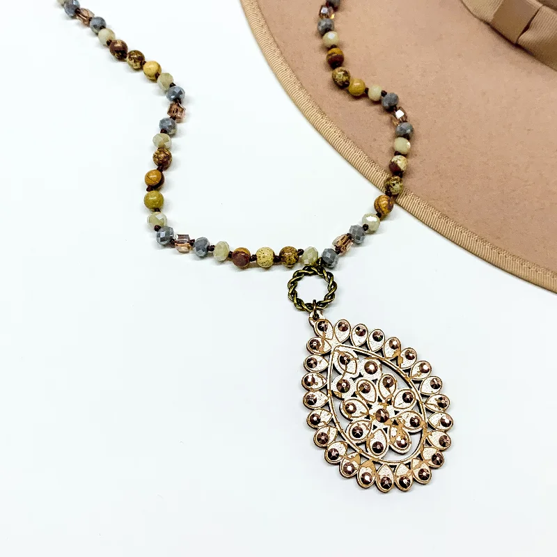 Amber stone necklaces-Pink Panache | Long Beaded Necklace with Santa Fe Crackle Teardrop Pendant with Rose Gold Crystal Outline