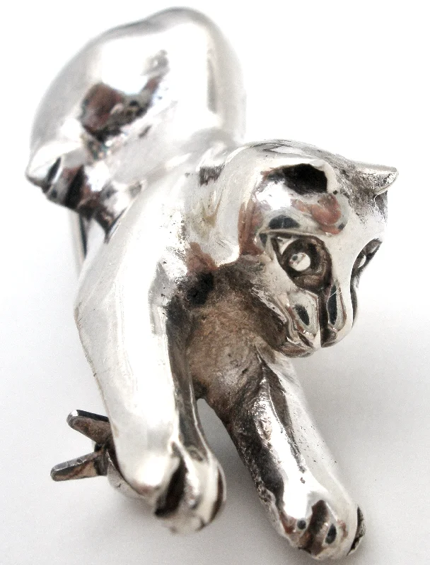 Jasper inlay brooches-Sterling Silver Kitty Cat Brooch Pin Vintage