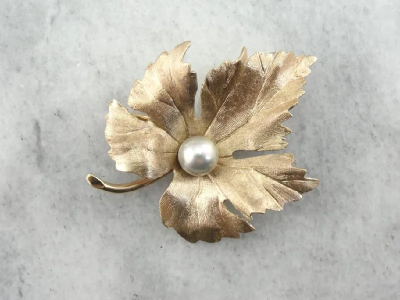 Keepsake locket brooches-Gold Grape Leaf Brooch with Pearl Center