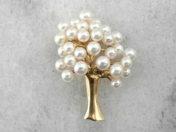 Morganite brooches-Pearl and 14K Yellow Gold Tree Brooch