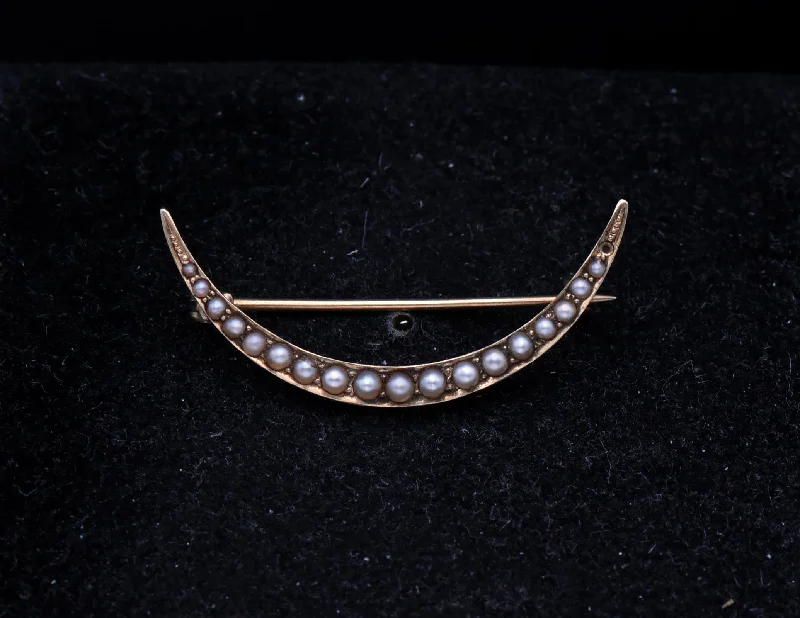 Sacred cross brooches-Antique Handmade 14K Gold and Pearls Crescent Moon Brooch