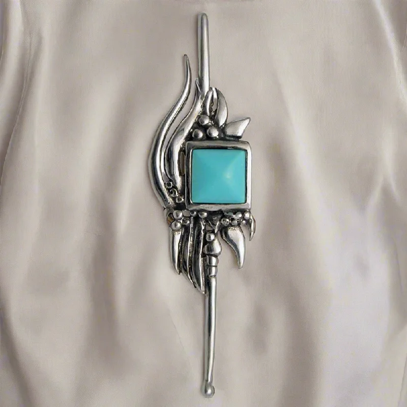 Arched gem brooches-Greek Traditional Flower Brooch in Sterling silver with turquoise (K-34)