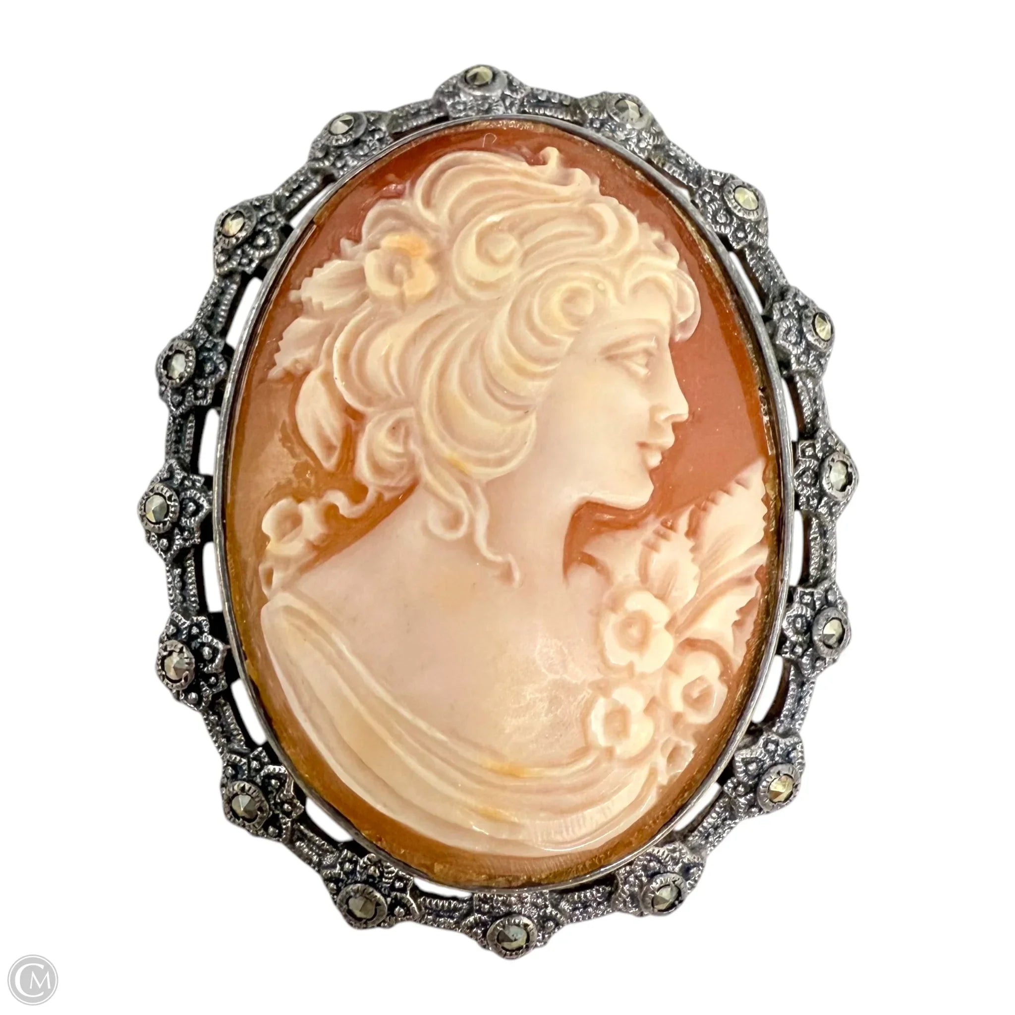 Box clasp brooches-Vintage Sterling Silver & Marcasite Lady & Roses Carved Shell Cameo Brooch Pin By Unbranded