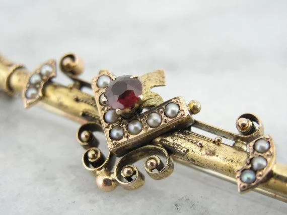 Knit weave brooches-Gothic Victorian Garnet and Pearl Gold Bar Pin Brooch