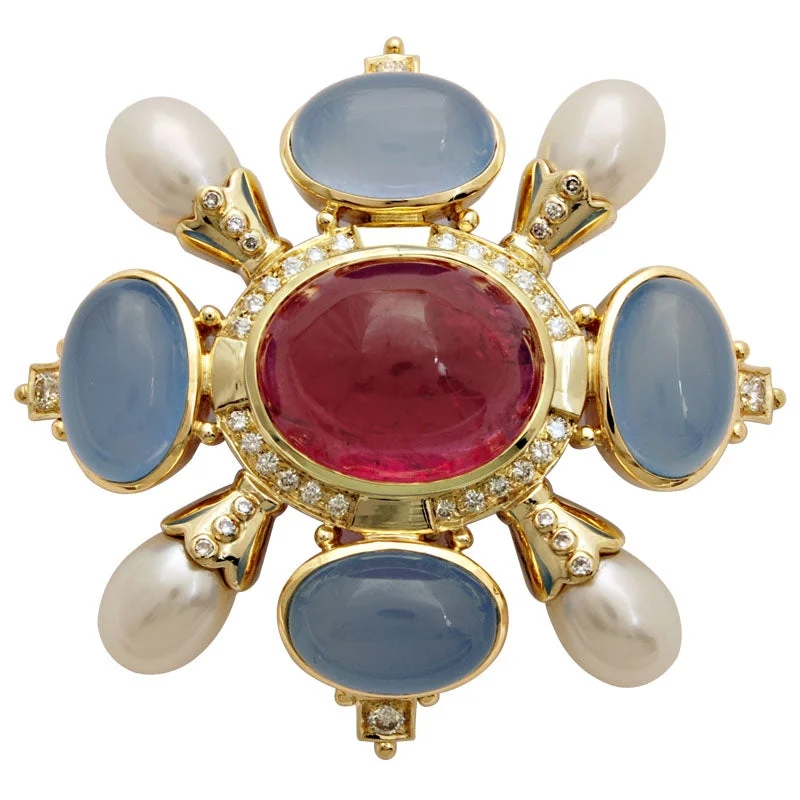 Hematite brooches-Brooch-Chalcedony, Pearl, Rubellite and Diamond