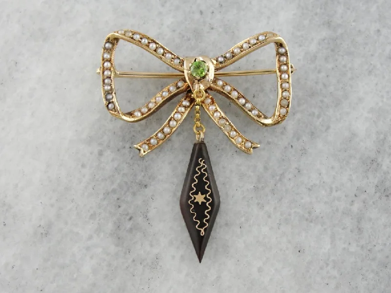 Ribbon tassel brooches-Victorian Bow Brooch with Seed Pearls, Demantoid Garnet and Jet Tassel Pin