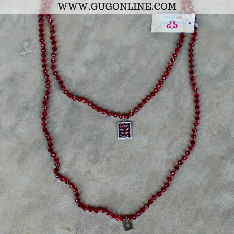 Sapphire pendant necklaces-Pink Panache Long Red Crystal Necklace with Silver Rectangle in Red Crystals