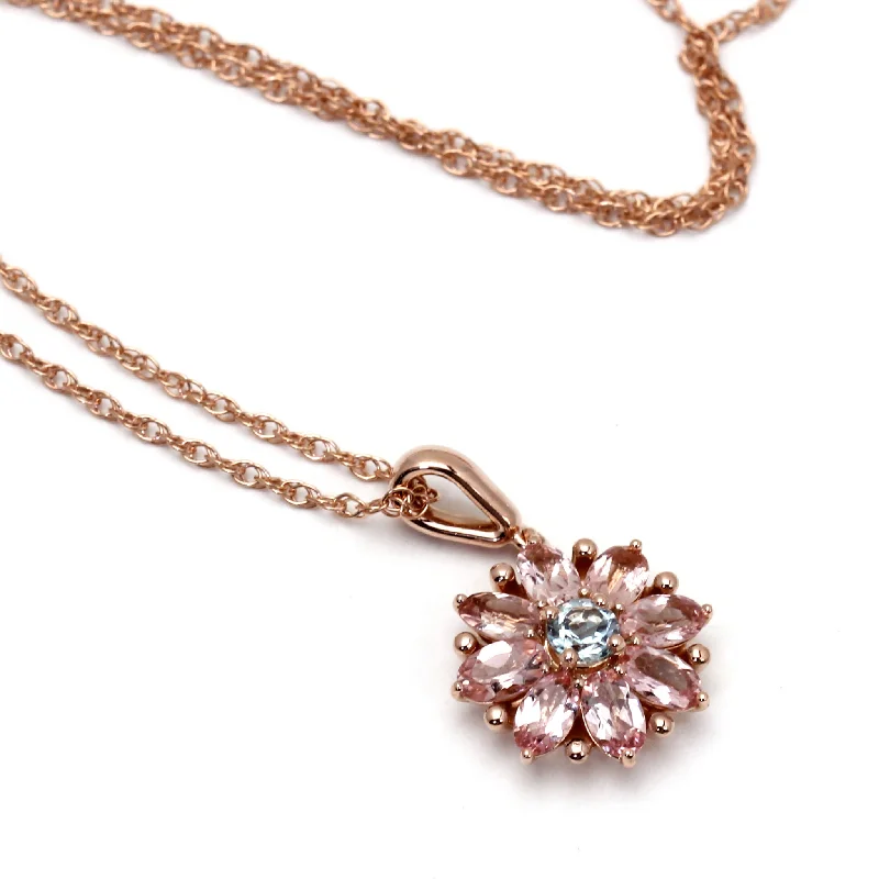 Woven tribal necklaces-14K Gold Pink Tourmaline and Aquamarine Flower Pendant | Birthstone Necklace