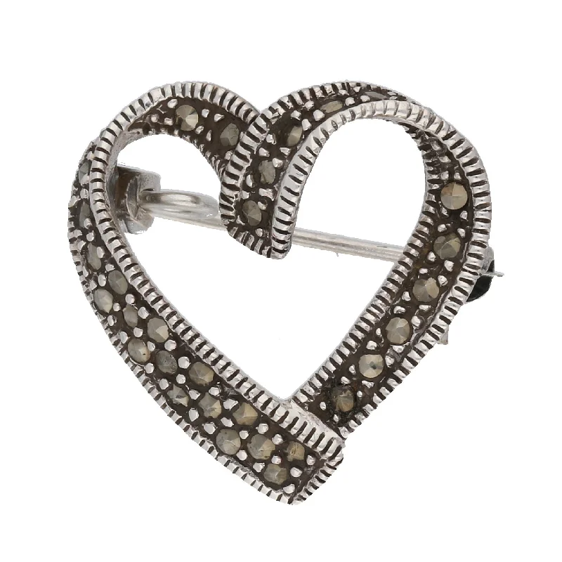 Neon bead brooches-Open Heart Marcasite Pin Brooch ~ Sterling Silver