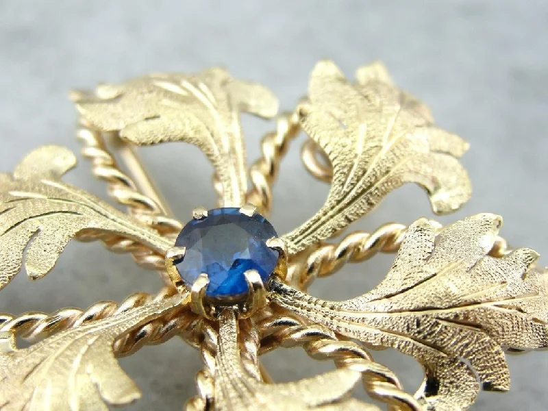 Wicker style brooches-Vintage Floral Brooch or Pendant with Sapphire Center