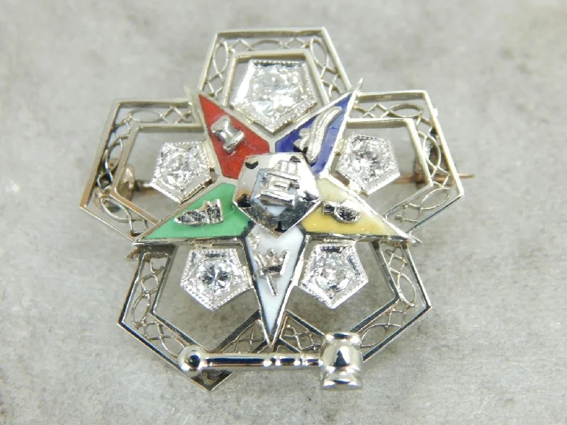 Solar phase brooches-Vintage Art Deco Era Diamond Eastern Star Brooch with Engraved Back