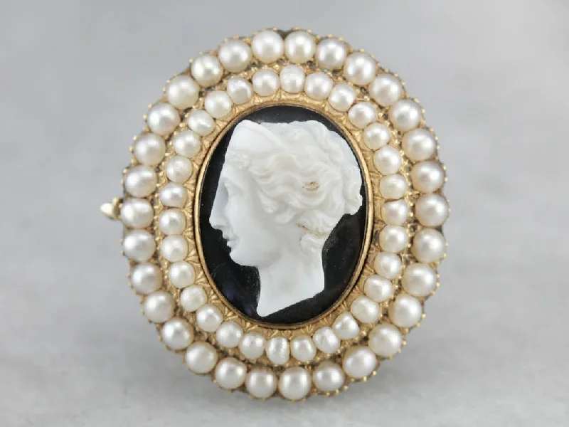 Beaded rim brooches-Antique Victorian Onyx Cameo Seed Pearl Brooch