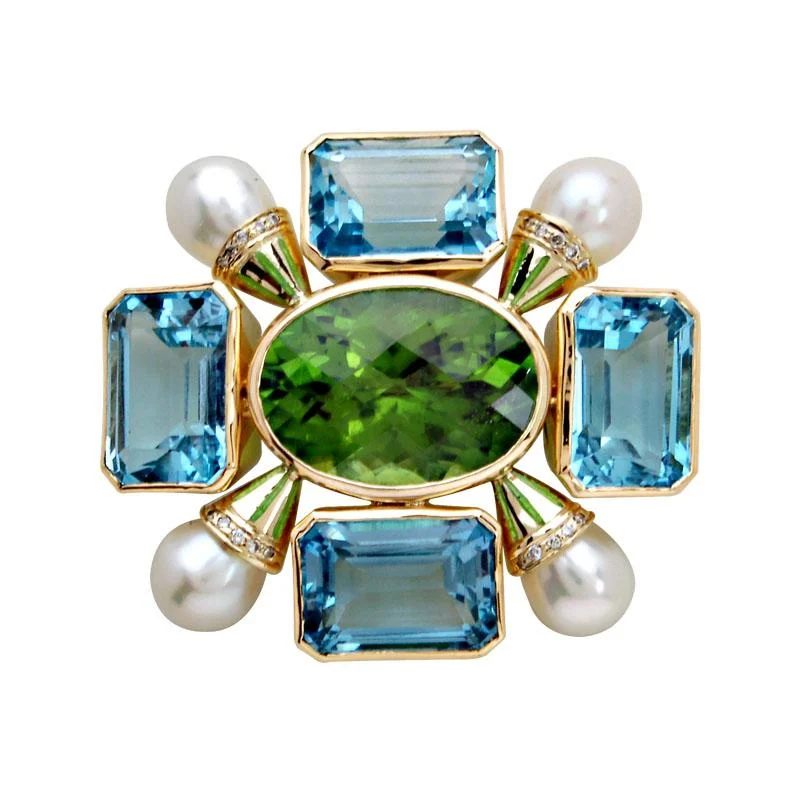 Neon bead brooches-Brooch-Peridot, Blue Topaz, Pearl and Diamond (Enamel)  (1360H)