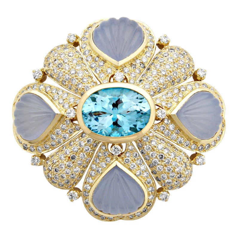 Sculptural pin brooches-Brooch- Blue Topaz, Chalcedony And Diamond (1844E)