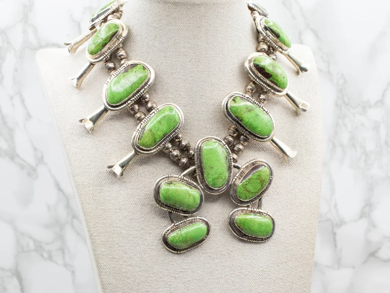 Woven tribal necklaces-Sterling Silver Green Turquoise Squash Blossom Silver Necklace