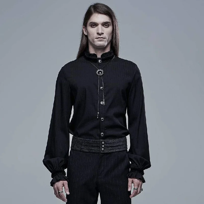 Bee charm necklaces-Men's Gothic Stand Collar Puff Sleeved Black Shirt with Necklace