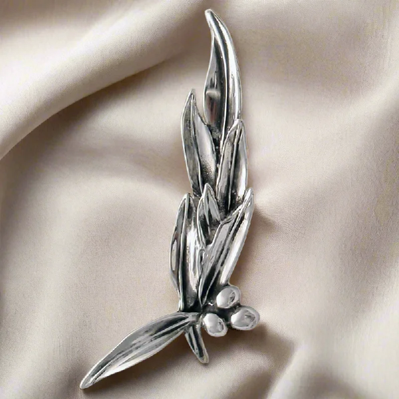 Off-center brooches-Greek Traditional Olive leaf brooch in sterling silver (K-38)