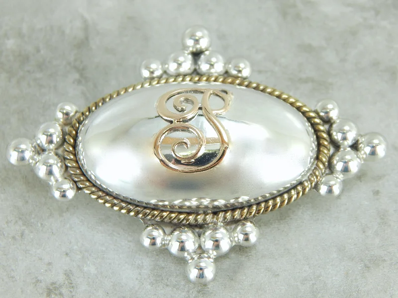 Tarnished silver brooches-P Monogramed Brooch or Pendant in Silver and Gold