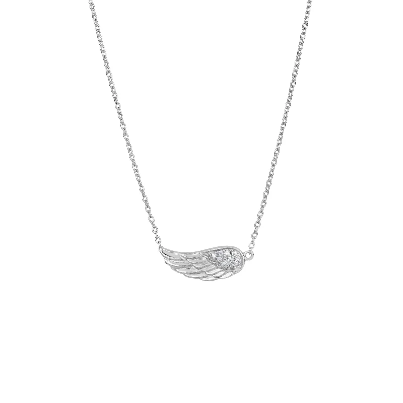 Stamped coin necklaces-Silver CZ Sideways Angel Wing Necklace