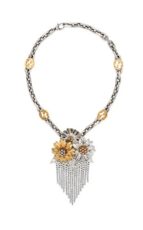 Tri-metal necklaces-Floral Crystals Fringe Necklace