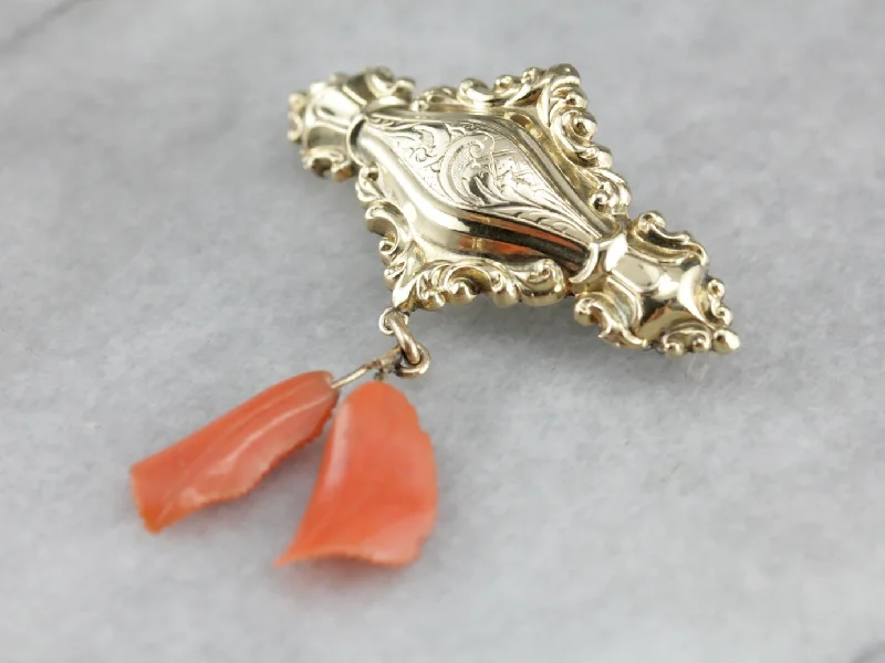 Ribbon tassel brooches-Ornate Victorian Coral Gold Brooch