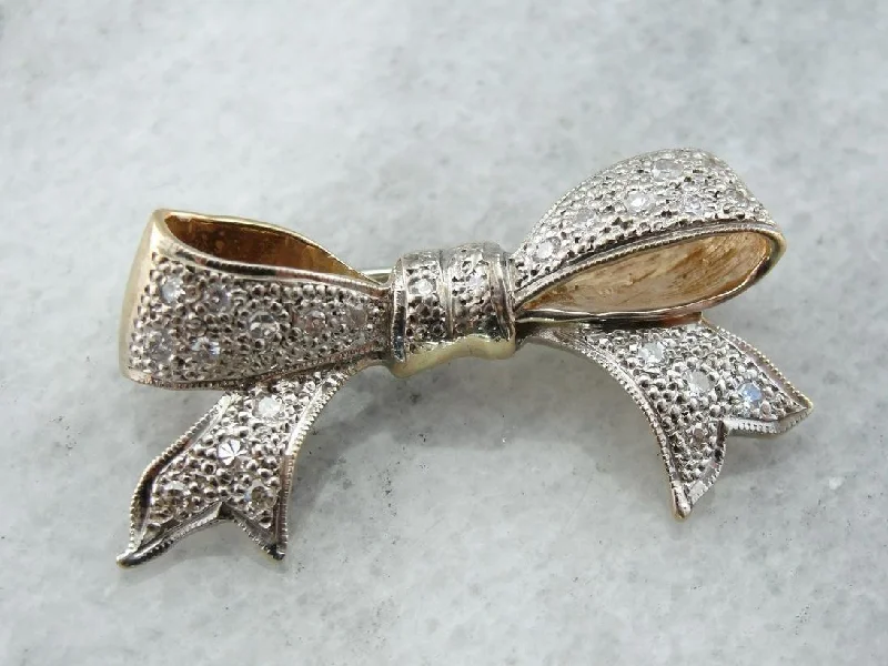 Burnished silver brooches-Sweet Vintage Diamond Studded Bow Brooch