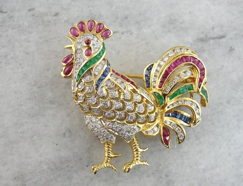 Sharp minimalist brooches-The Golden Rooster, Beautiful Ruby Diamond, Emerald and Sapphire Brooch with Handsome Chicken