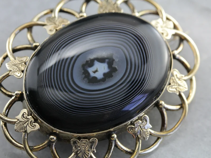 Ridged gold brooches-Antique Black Agate Victorian Brooch