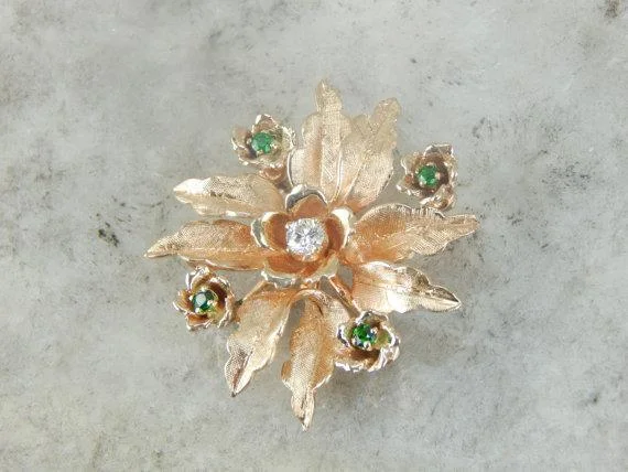 Suede detail brooches-Mid-Century Diamond and Demantoid Garnet Flower Brooch