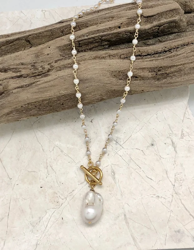 Star sign necklaces-Necklace - Baroque Pearl w/Glass Rosary Chain