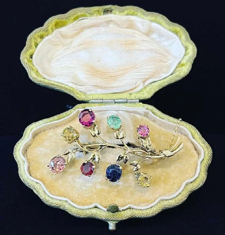 Square stone brooches-1940s Floral Branch Gemstone Brooch