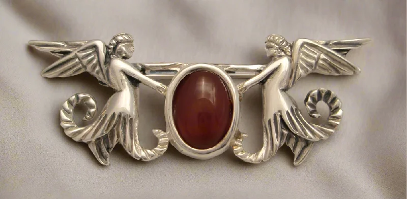 Square gem brooches-Greek Traditional Angels Brooch in Sterling silver with Carnelian (K-18)