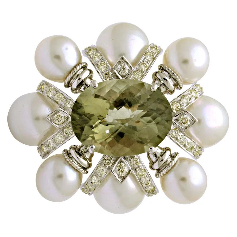 Circular stone brooches-Brooch-Green Quartz, South Sea Pearl and Diamond  (132CS)