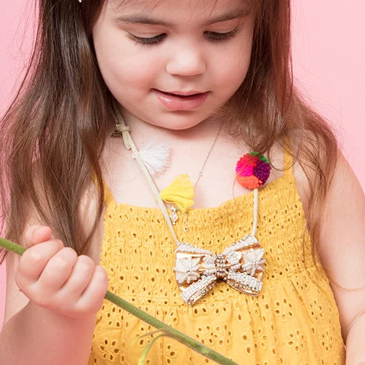 Bold chain necklaces-Gold & Pearl Bow - Pom Pom Kids Necklace-Embroidered motifs