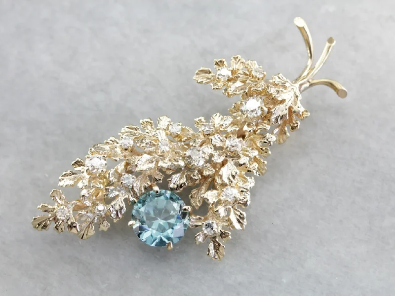 Tourmaline floral brooches-Vintage Glittering Floral Blue Zircon and Diamond Brooch