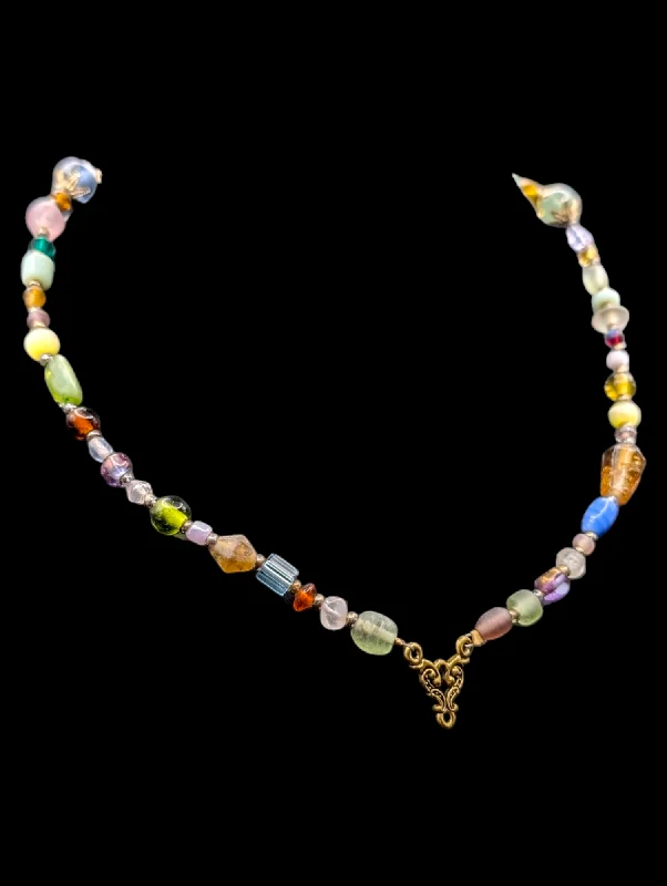 Curved design necklaces-Vintage Multicolor Mixed Gemstone and Crystal Necklace with Filigree Pendant