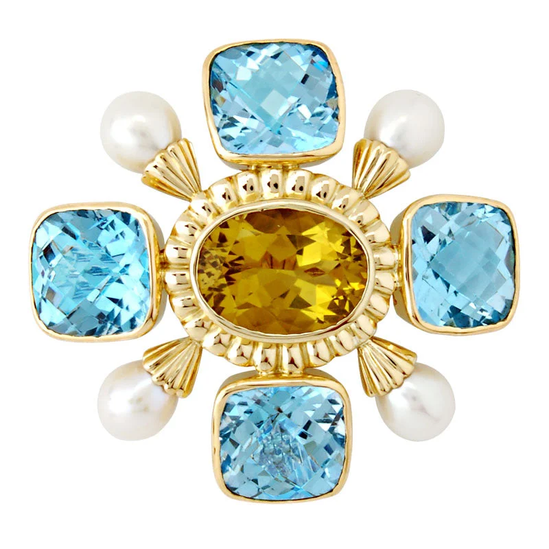 Pink gold brooches-Repair - Brooch-Lemon Quartz, Blue Topaz and Pearl (SKU : 1208C)