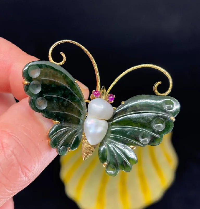 Knit weave brooches-Vintage 1960s Gemstone Butterfly Brooch with Baroque Pearl