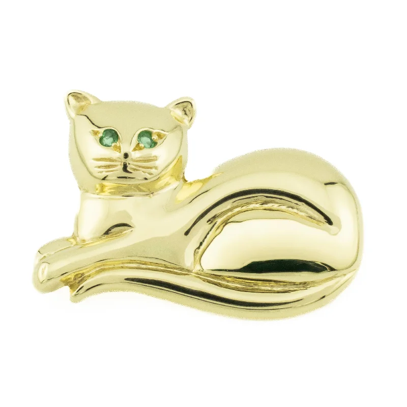 Tourmaline brooches-Emerald Eyes Accented Cat Brooch Pin in 14 Yellow Gold